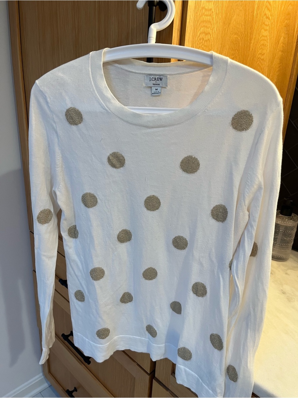 J. Crew White Long-Sleeve Sweater with Metallic Gold Polka Dots - Picture 1 of 3
